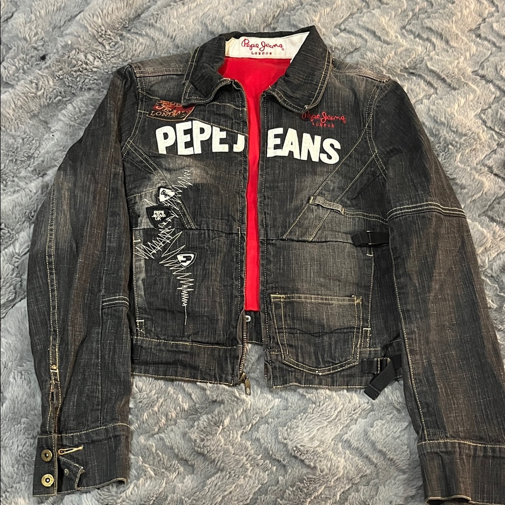 Vintage Y2K Pepe Jeans London Denim Jacket Big Logo Distressed Moto Style
